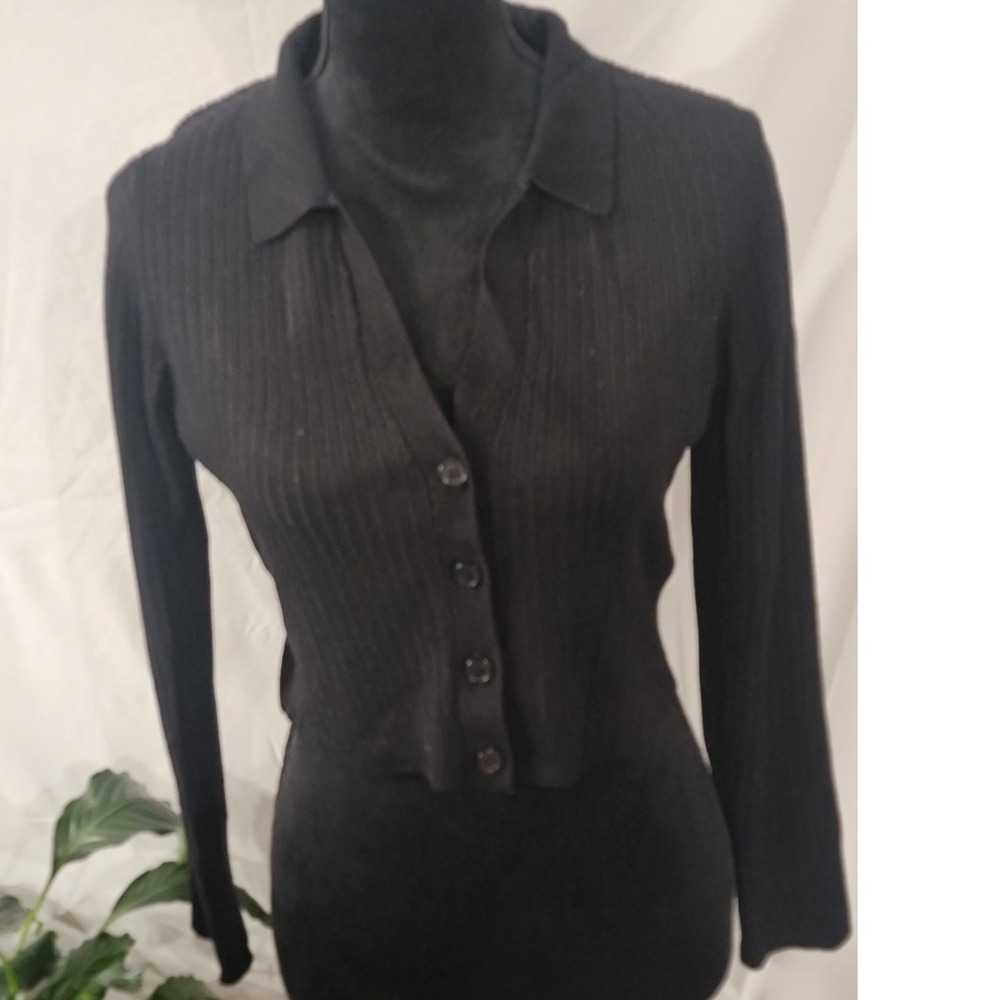 Almost Famous Womens Ribbed Button Front Collared Cardigan‎ Top Black Large L